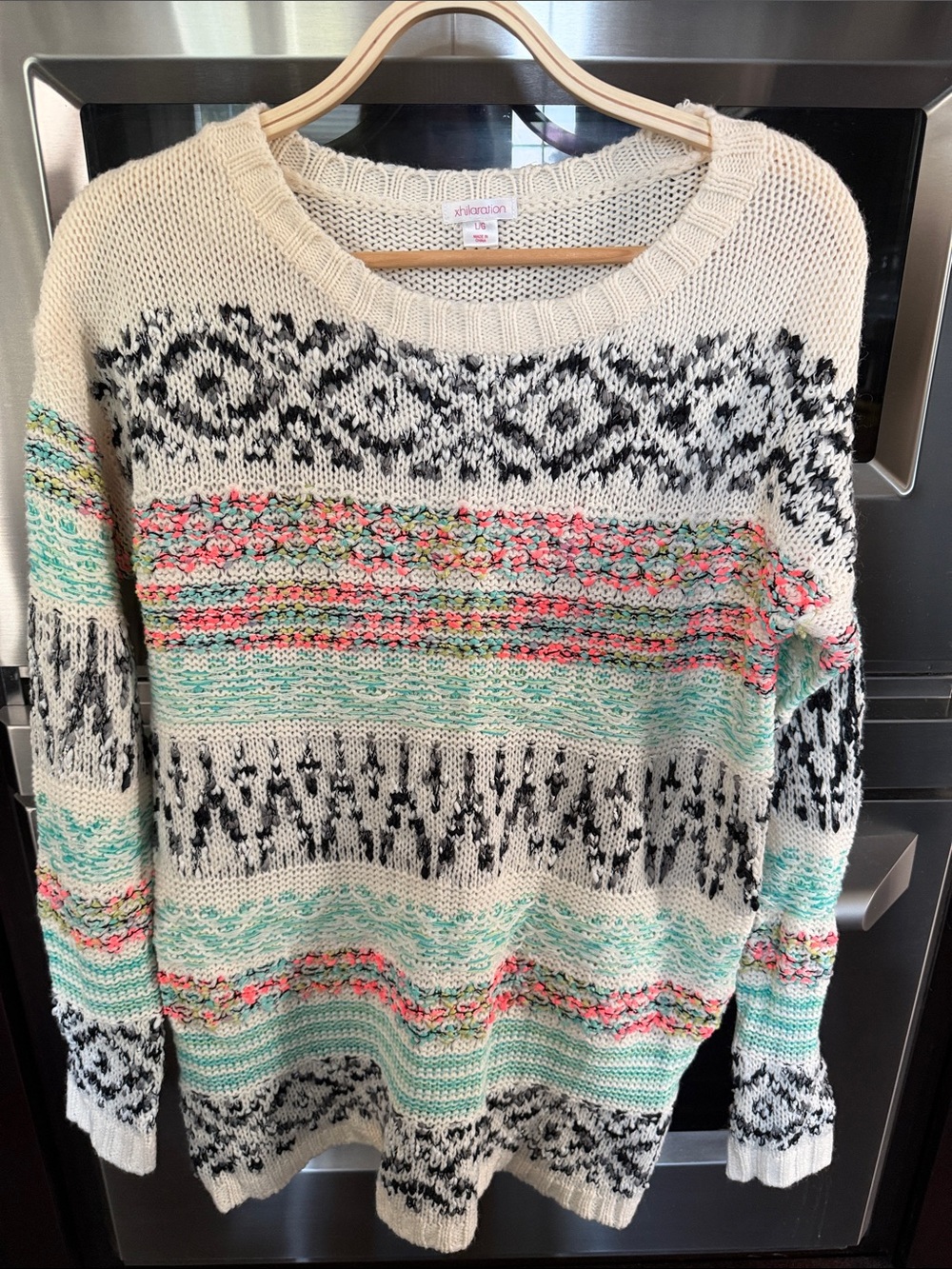 Women’s Cream Knit Sweater with Mint & Coral Pattern